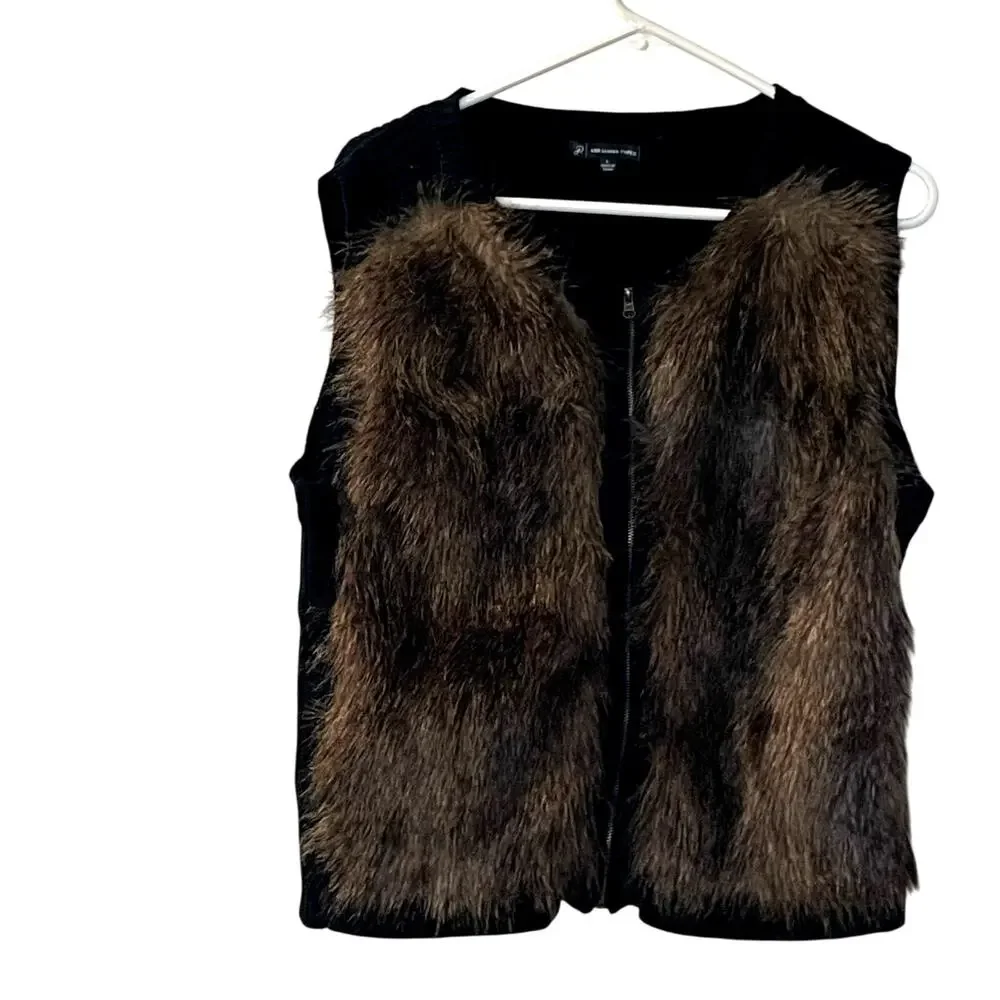 Adrianna Papell fur vest Large brown sleeveless jacket black knit back cozy chic